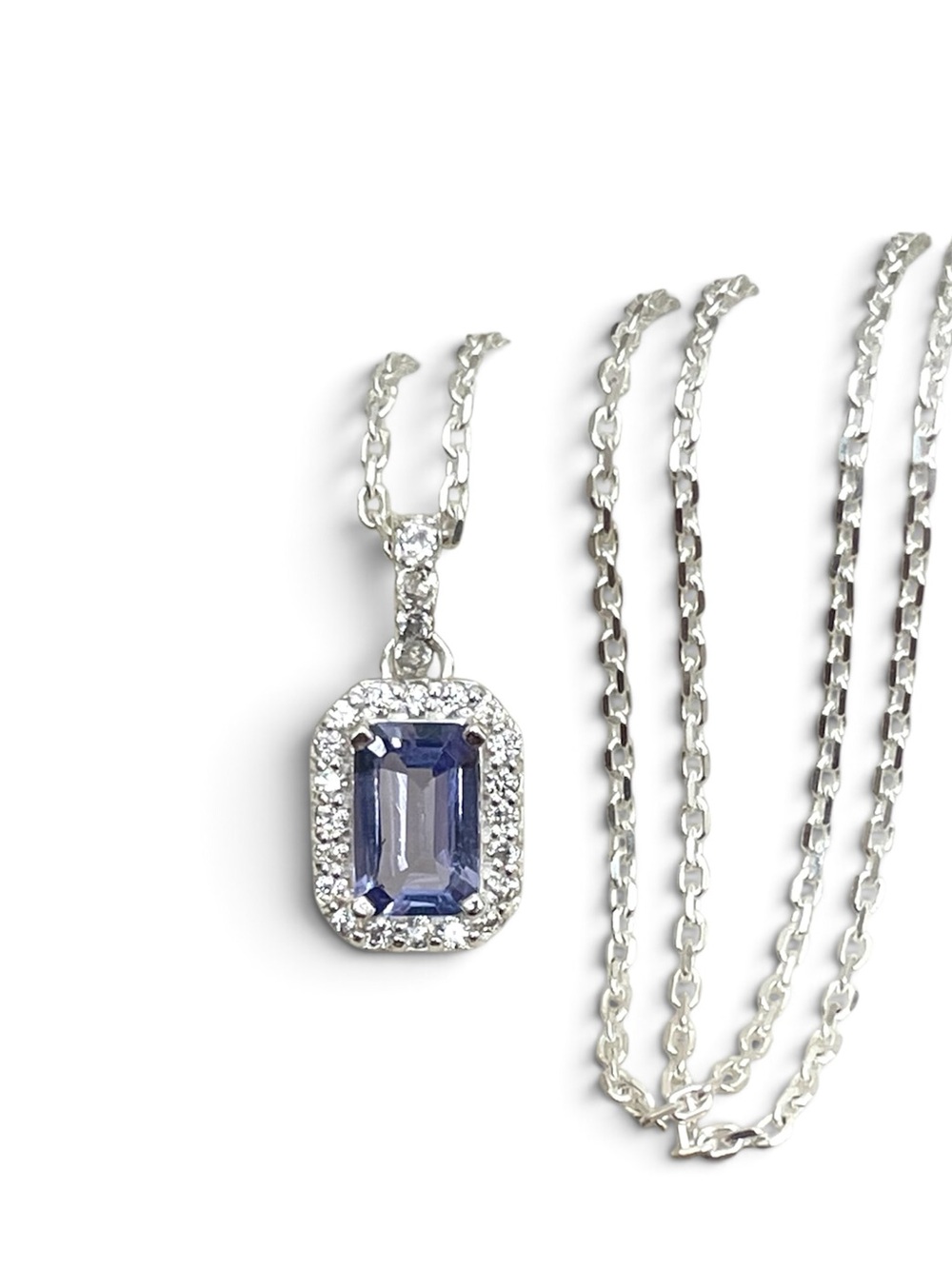 Natural Tanzanite emerald cut Halo Necklace 
925 Sterling  “Minimalistic”